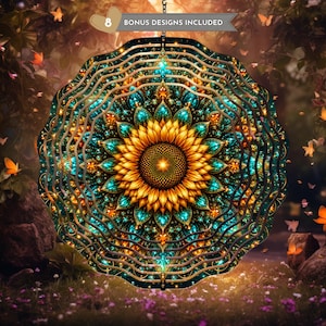 May include: A circular wind spinner featuring a central yellow sunflower design surrounded by concentric layers of teal and gold geometric patterns. A banner at the top displays the text 8 BONUS DESIGNS INCLUDED in white lettering.