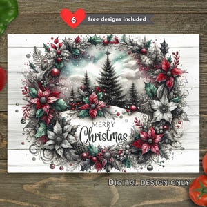 May include: A digital design with a Christmas theme. The image features a wreath with red poinsettias, berries, and greenery surrounding a winter landscape with pine trees. The words "Merry Christmas" are displayed in the center. The text "Digital Design Only" is also included.