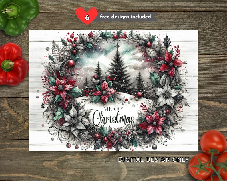 May include: A digital design with a Christmas theme. The image features a wreath with red poinsettias, berries, and greenery surrounding a winter landscape with pine trees. The words "Merry Christmas" are displayed in the center. The text "Digital Design Only" is also included.