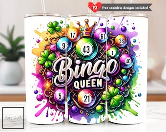 May include: A white tumbler with a vibrant design, including the words "Bingo Queen." The artwork features bingo balls, a crown, shamrocks, and splashes of purple, pink, green, and yellow. The tumbler has a straw and the text "12 free seamless designs included".