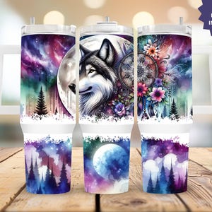 Northern Lights Grey Wolf Boho Moon 40oz Tumbler Sublimation Design Digital Download PNG Instant DIGITAL ONLY, Tumbler with Handle Wrap