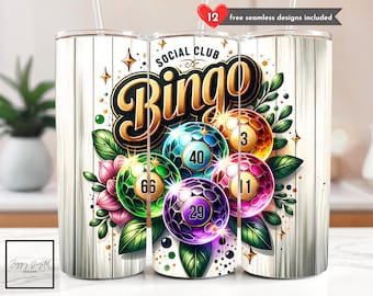 May include: A tumbler with a Bingo theme, displaying vibrant bingo balls and the words "Social Club Bingo." The design incorporates the numbers 3, 11, 29, 40, and 66. The tumbler has a white wood grain effect and includes the text "12 free seamless designs included."