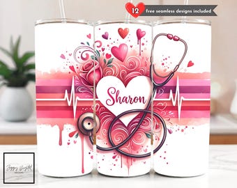 Aangepaste naam verpleegkundige Valentine Tumbler Wrap PNG gepersonaliseerde medisch werker 20 oz Skinny Tumbler sublimatie ontwerp verpleegkundige wrap digitale download