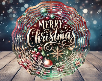 May include: A layered, circular Christmas ornament with the words "Merry Christmas" in elegant script. The ornament features festive red, green, and gold colors, with holly, berries, and snowflake designs. The text "FREE SPINNER DESIGNS INCLUDED" is also visible.