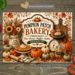 Tabla de cortar de panadería con diseño de calabaza PNG, tabla de cocina de panadería de otoño con diseño de sublimación, archivo de tabla de cortar de calabaza de otoño para descarga DIGITAL