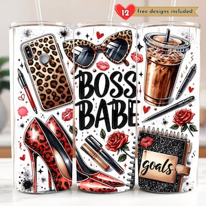 Boss Babe 20 oz Skinny Tumbler Donna Imprenditrice Sublimazione Design Download digitale PNG Instant DIGITAL, Tumbler con stampa leopardata