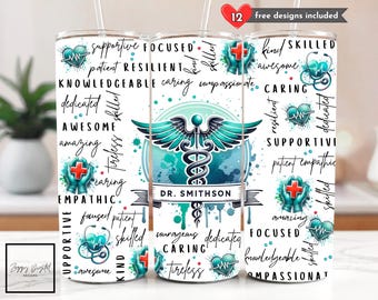 Regalo de agradecimiento para médicos personalizable, vaso delgado de 20 oz, diseño de sublimación, descarga digital PNG instantánea, solo digital, envoltura para vaso de médico