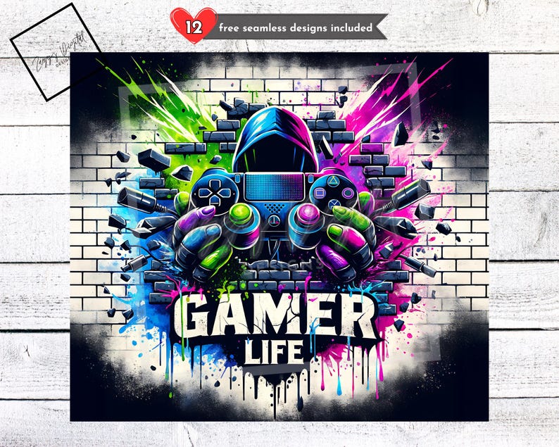 Gamer Life Tumbler Wrap PNG, Neon Graffiti Gamer Controller 20 Oz ...