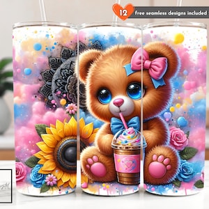 Cute Teddy Bear Coquette Bow Tumbler Wrap Design, Girl Tumbler Wrap, 20 oz Skinny Tumbler Sublimation Design Digital Download PNG Instant