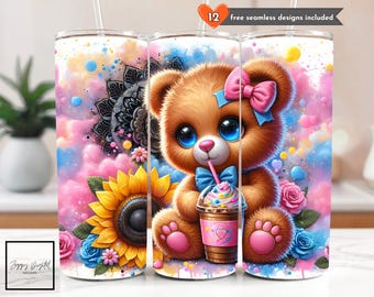 Cute Teddy Bear Coquette Bow Tumbler Wrap Design, Girl Tumbler Wrap, 20 oz Skinny Tumbler Sublimation Design Digital Download PNG Instant