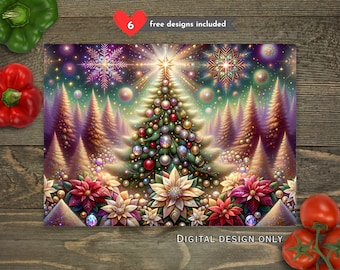 Tabla de cortar de vidrio para cocina con diseño floral de árbol de Navidad mágico PNG, diseño de tabla de cortar de cocina navideña por sublimación, tabla de cortar PNG, descarga