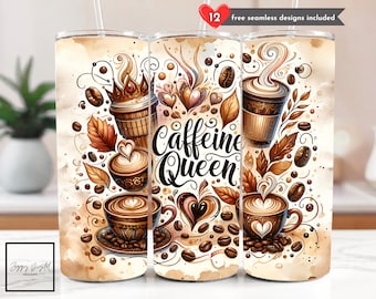Caffeine Queen Tumbler Wrap, Coffee Lover 20 oz Skinny Tumbler Coffee Beans Sublimation Design Digital Download PNG