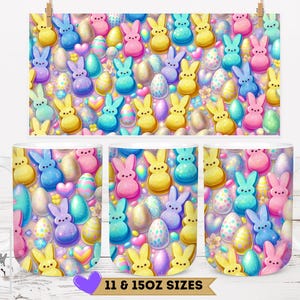 May include: White ceramic mug with a colorful Easter-themed design. The design features cartoon bunnies, Easter eggs, and hearts in shades of pink, blue, yellow, and purple. The mug is available in 11 and 15 oz sizes.