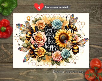 Op de afbeelding: Een digitaal ontwerp met bijen, rozen en een zonnebloem, met de tekst "Don't worry, bee happy". Het ontwerp bevat een honingraatpatroon en kleurrijke accenten. De woorden "Digital Design Only" zijn ook opgenomen.