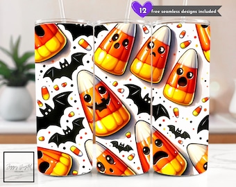 May include: Halloween-themed tumbler featuring a repeating pattern of candy corn with various facial expressions, black bats, and candy corn pieces on a white background. The tumbler includes the text "12 free seamless designs included".