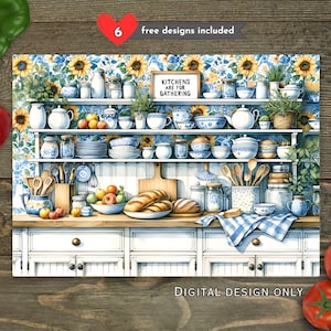 Op de afbeelding: Waterverfillustratie van een keukenscène met planken vol servies, theepotten en keukengerei. De achtergrond heeft een zonnebloem- en bloemenpatroon. De tekst "KITCHENS ARE FOR GATHERING" staat op een klein bord. De tekst "DIGITAL DESIGN ONLY" is ook zichtbaar.