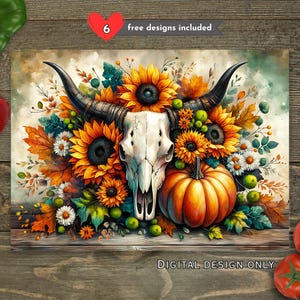 Rustikales Herbst-Stierschädel-Blumensublimations-Schneidebrett-Design, Herbst-Sonnenblumenfarm PNG, Stierschädel-Schneidebrett PNG, Schneidebrett Digital