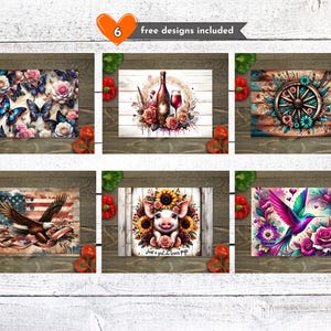 May include: A collection of six digital designs featuring watercolor illustrations. Designs include butterflies, wine, a wagon wheel, an American flag with an eagle, a pig with sunflowers, and a hummingbird with flowers. The text "free designs included" is also present.