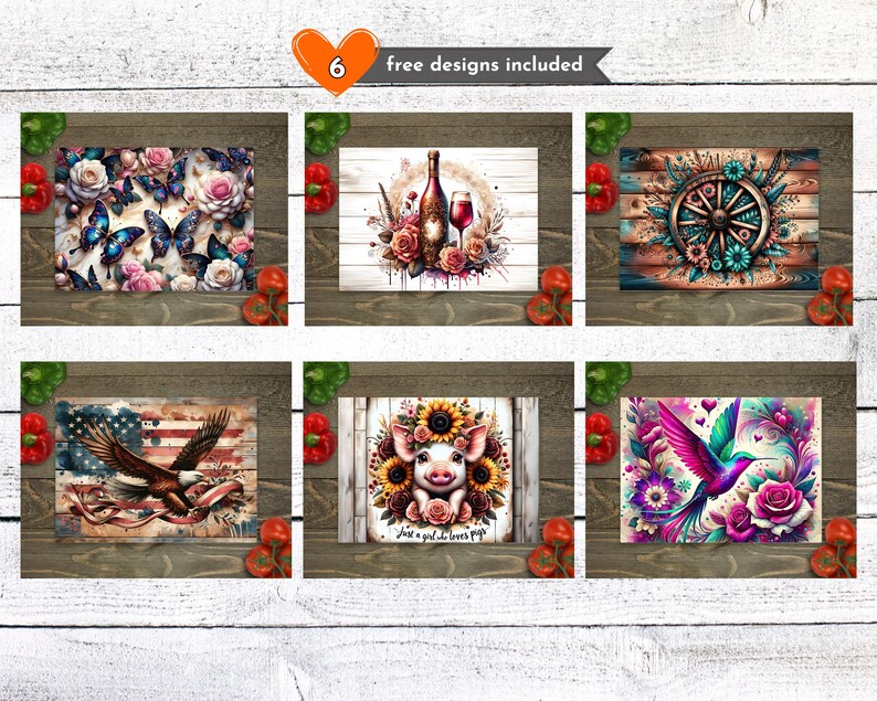 May include: A collection of six digital designs featuring watercolor illustrations. Designs include butterflies, wine, a wagon wheel, an American flag with an eagle, a pig with sunflowers, and a hummingbird with flowers. The text "free designs included" is also present.