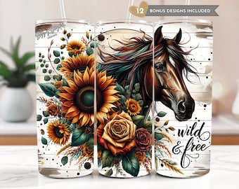 Diseño PNG de envoltura de vaso con caballo bohemio, diseño de sublimación para vaso delgado de 20 oz con estampado floral western salvaje y libre, diseño de envoltura rústica de animales de granja vaquera para descargar