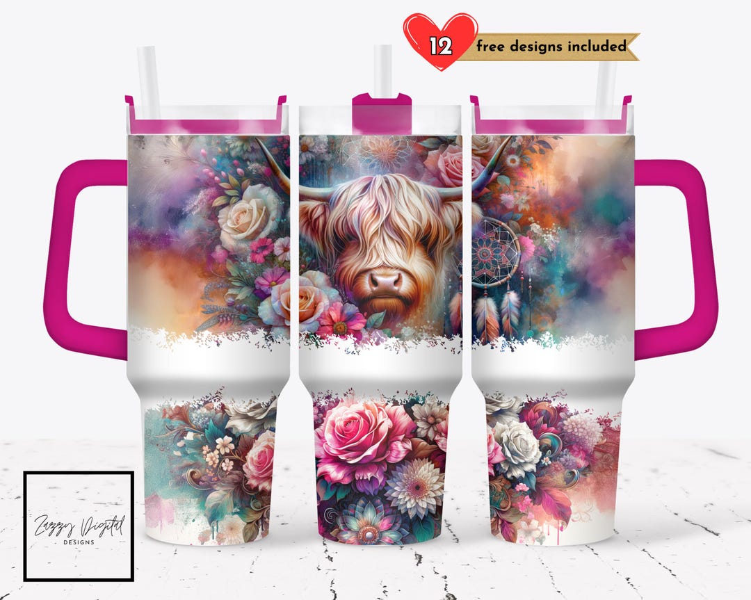 Highland Cow 40 Oz Tumbler Wrap Boho Floral Seamless Sublimation Design ...