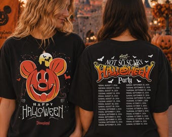 May include: A black t-shirt featuring a front graphic of a Mickey Mouse-shaped pumpkin with the text Happy Halloween and Disneyland. The back displays the text Mickey's Not So Scary Halloween Party with a list of 2026 event dates.