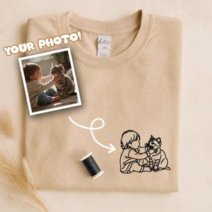 Pode incluir: Camisola bege com uma foto de uma criança e um gato, e um desenho a traço preto da mesma cena. As palavras "YOUR PHOTO!" estão em estilo de desenho animado. Uma bobina de linha preta também é visível.