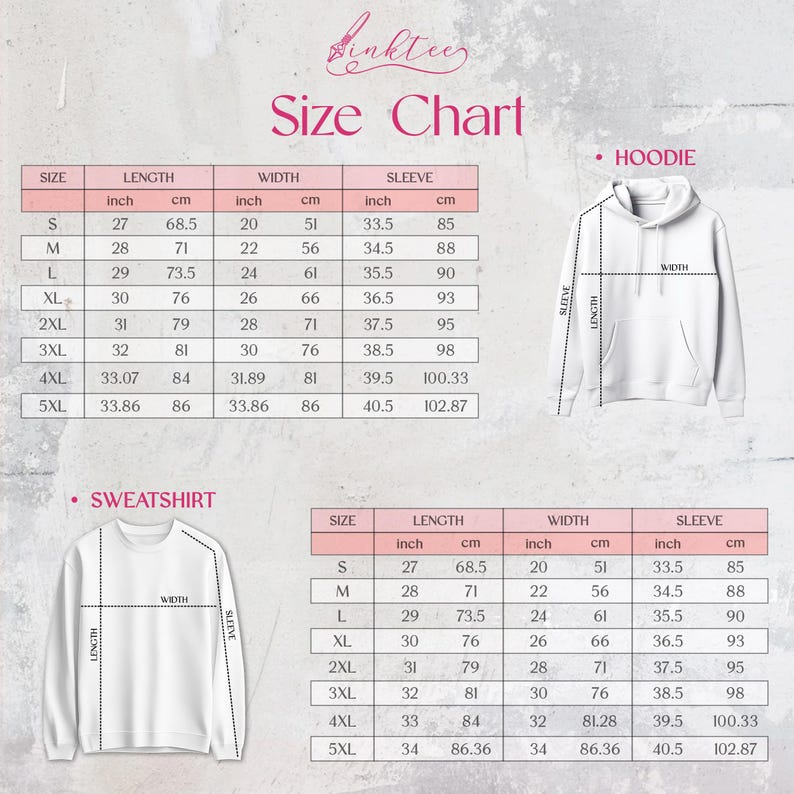 Puede incluir: Tabla de tallas para sudaderas con capucha y sudaderas, con medidas en pulgadas y cent&iacute;metros. Incluye dimensiones de talla, largo, ancho y manga para tallas S a 5XL. La tabla est&aacute; etiquetada con la marca "Binktee".