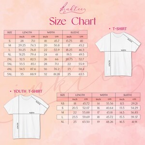 May include: Size chart graphic for t-shirts and youth t-shirts. The chart includes measurements in inches and centimeters for length, width, and sleeve length. The chart also includes a diagram of a t-shirt and a youth t-shirt with labeled measurements.