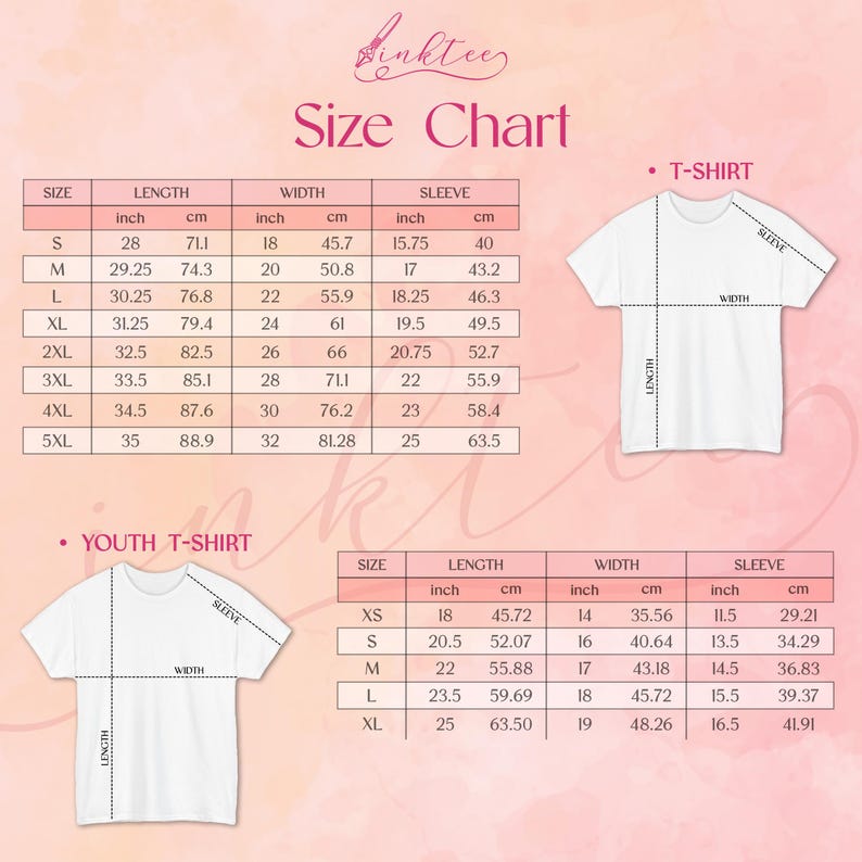 May include: Size chart graphic for t-shirts and youth t-shirts. The chart includes measurements in inches and centimeters for length, width, and sleeve length. The chart also includes a diagram of a t-shirt and a youth t-shirt with labeled measurements.
