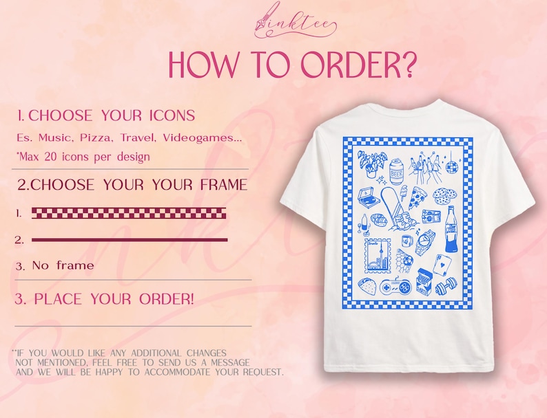 May include: White t-shirt with a blue checkered border and a collection of blue icons, including a laptop, beer, pizza, and a snowboard. The image also includes instructions on how to order, with options for choosing icons and frames.