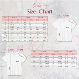 May include: A size chart for t-shirts and youth t-shirts, with measurements in inches and centimeters. The chart includes sizes, lengths, widths, and sleeve measurements for each size, from XS to 5XL.