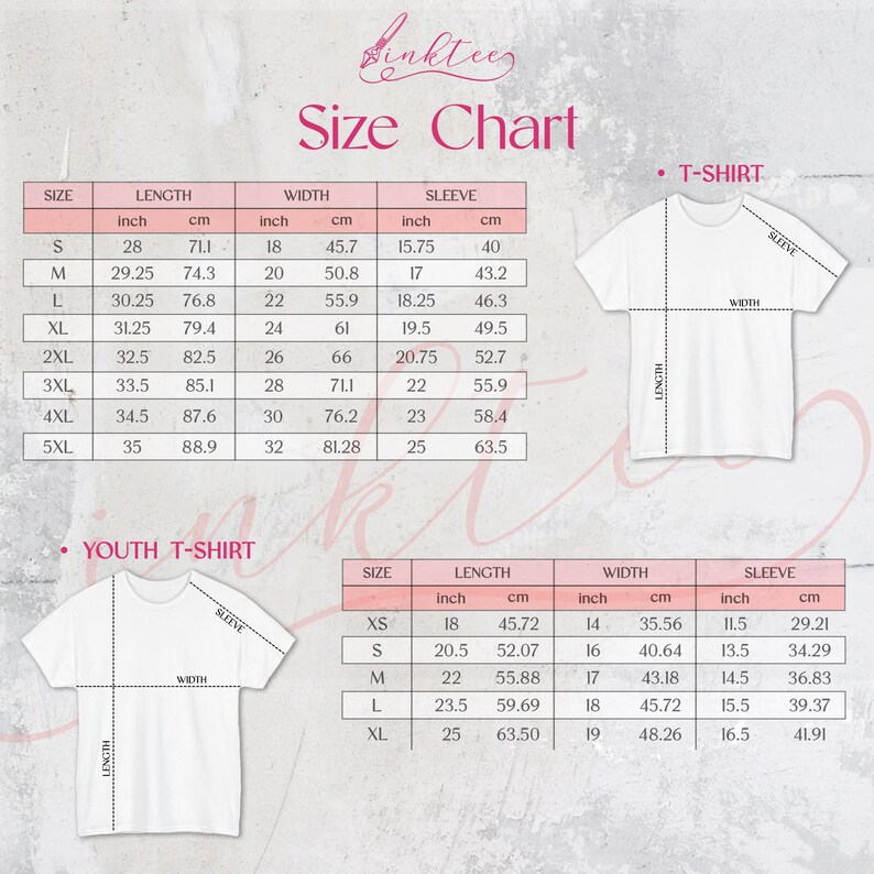 May include: A size chart for t-shirts and youth t-shirts, with measurements in inches and centimeters. The chart includes sizes, lengths, widths, and sleeve measurements for each size, from XS to 5XL.