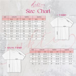 May include: Size chart for t-shirts and youth t-shirts. The chart shows the measurements in inches and centimeters for different sizes, including XS, S, M, L, XL, 2XL, 3XL, 4XL, and 5XL. The chart also includes a diagram of a t-shirt with the measurements labeled.