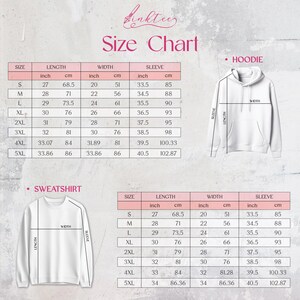 May include: Size chart for hoodies and sweatshirts, with measurements in inches and centimeters. Includes size, length, width, and sleeve dimensions for sizes S through 5XL. The chart is labeled with the brand name "Binktee".