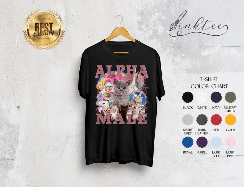 May include: Black t-shirt with a graphic of a group of cats with the text "ALPHA MALE" in pink letters.