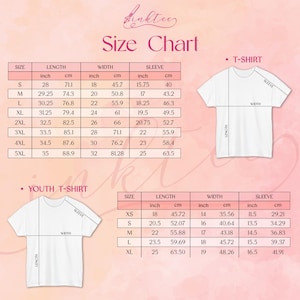 May include: A size chart for t-shirts and youth t-shirts, with measurements in inches and centimeters. The chart includes sizes S to 5XL for t-shirts and XS to XL for youth t-shirts, detailing length, width, and sleeve dimensions.
