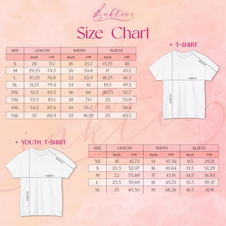 May include: A size chart for t-shirts and youth t-shirts, with measurements in inches and centimeters. The chart includes sizes S to 5XL for t-shirts and XS to XL for youth t-shirts, detailing length, width, and sleeve dimensions.