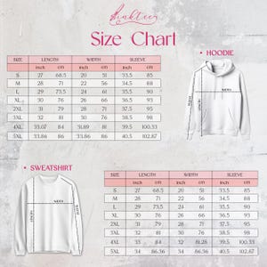 May include: Size chart for hoodies and sweatshirts, with measurements in inches and centimetres. Includes size, length, width, and sleeve dimensions for sizes S to 5XL. The chart is labelled with the brand name "Binktee".