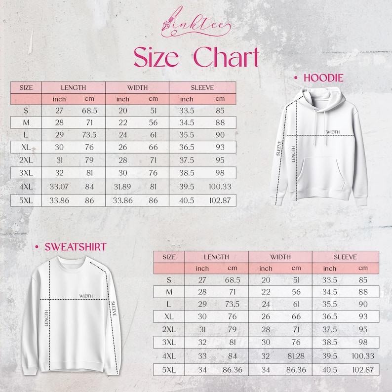 May include: Size chart for hoodies and sweatshirts with measurements in inches and centimeters. The chart shows the size, length, width, and sleeve length for each garment.