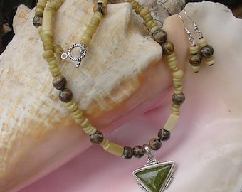 Sterling Green Jasper Pendant on Leopard Jasper, Bone Necklace and Earring Set S209