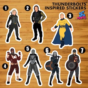 May include: Set of 7 illustrated stickers featuring characters from the Thunderbolts comic book series. The stickers are printed on white paper with a glossy finish. The characters include a woman in a black and green costume, a man in a black leather jacket, a man in a yellow costume, a man in a red and black costume, a man in a gray costume, a man in a black costume with a sword, and a man in a black and red costume with a shield.