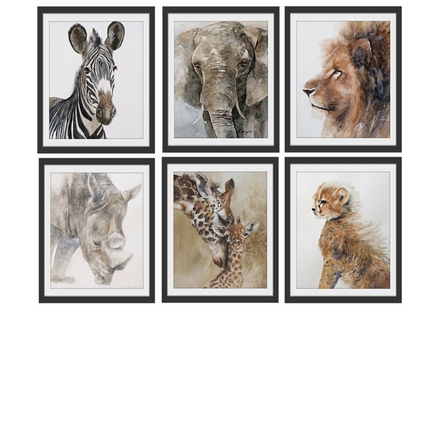 Watercolor Animal PRINT SET for nursery. Animal Painting of African Animal Art Painting Safari Set Nursery from original elephant painting