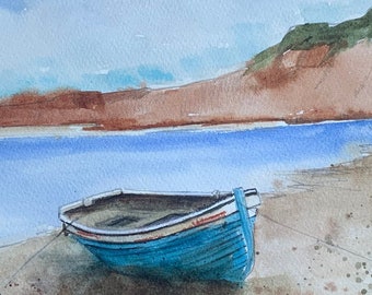 Small original painting of a boat by the ocean- ORIGINAL WATERCOLOR painting of the Ocean- Original California beach painting