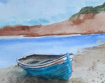 Pintura original de acuarela de un barco: arte de playa de California (26,7 x 20,3 cm)