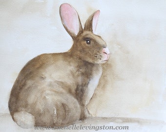 Original Watercolor Painting of bunny- Rabbit painting- Original painting of bunny- in Watercolor- Neutral