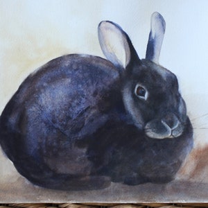 Painting of bunny-Original Watercolor Painting of black bunny- black Rabbit painting- Original painting of black bunny in Watercolor alaska