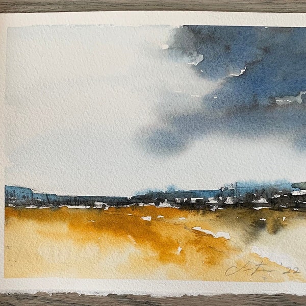 Small Original Landscape painting in WATERCOLOR landscape painting -Original Painting of fields- Small watercolor stormy sky- loose