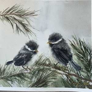 Original painting of two baby birds in watercolor ORIGINAL chickadee PAINTING baby black-capped chickadee bird on pine branch