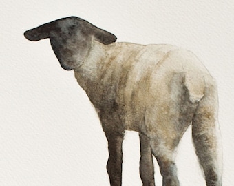 Painting of baby sheep. Modern Farmhouse decor. Sheep PRINT in watercolor sheep painting. White black cream. Watercolor Sheep print Vertical